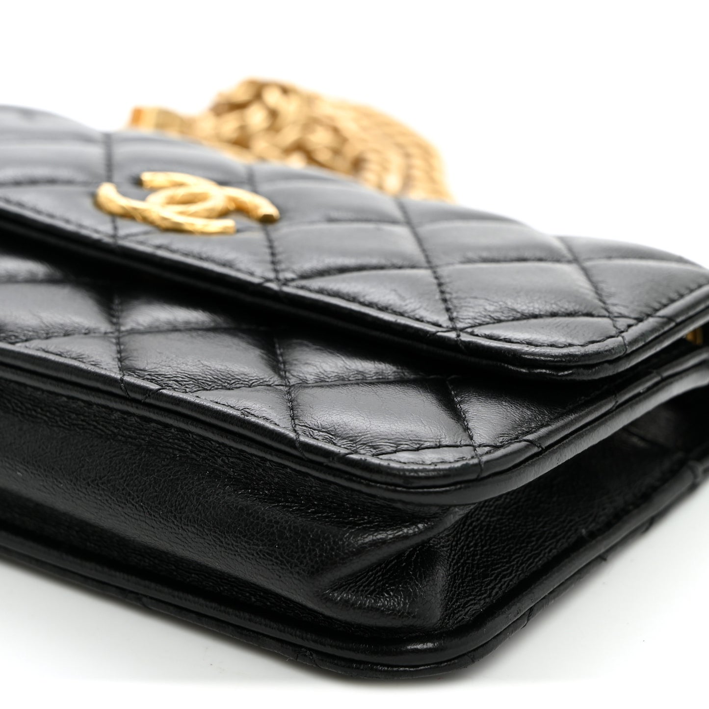 Lambskin Quilted Pillow Crush Flap Phone Holder With Chain Black
