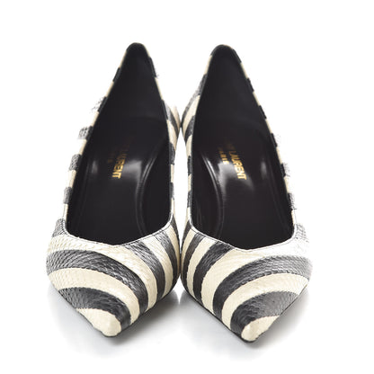 Saint Laurent Elaphe Snakeskin Striped Kiki Kitten Heel Pumps 38.5 Black Off White 2 of 8