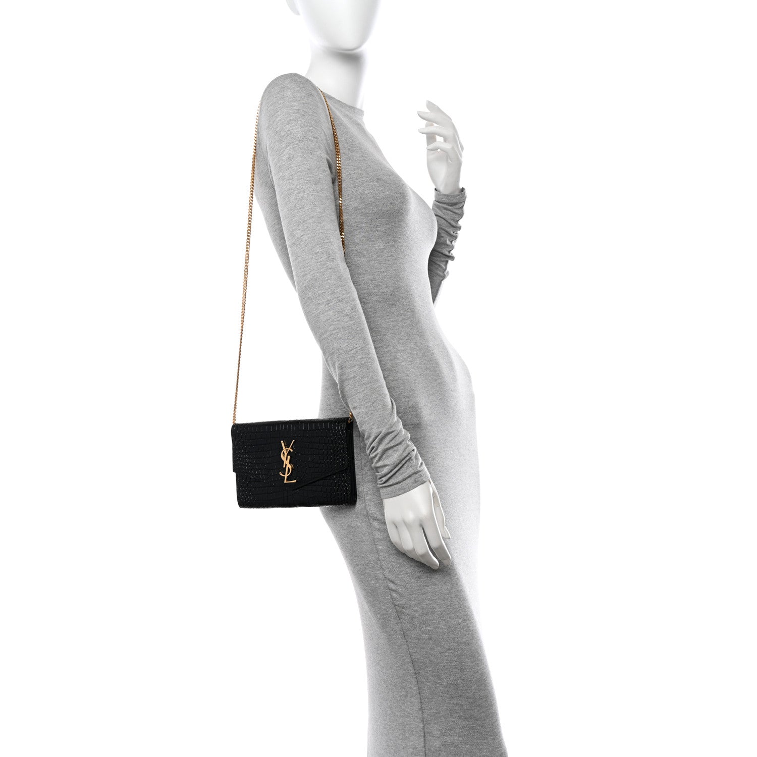 Saint Laurent Calfskin Crocodile Embossed Monogram Uptown Chain Wallet Black 2 of 12