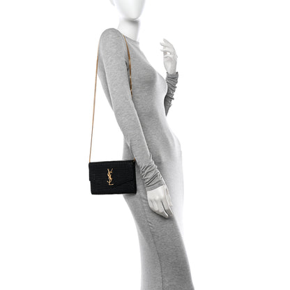 Saint Laurent Calfskin Crocodile Embossed Monogram Uptown Chain Wallet Black 2 of 12