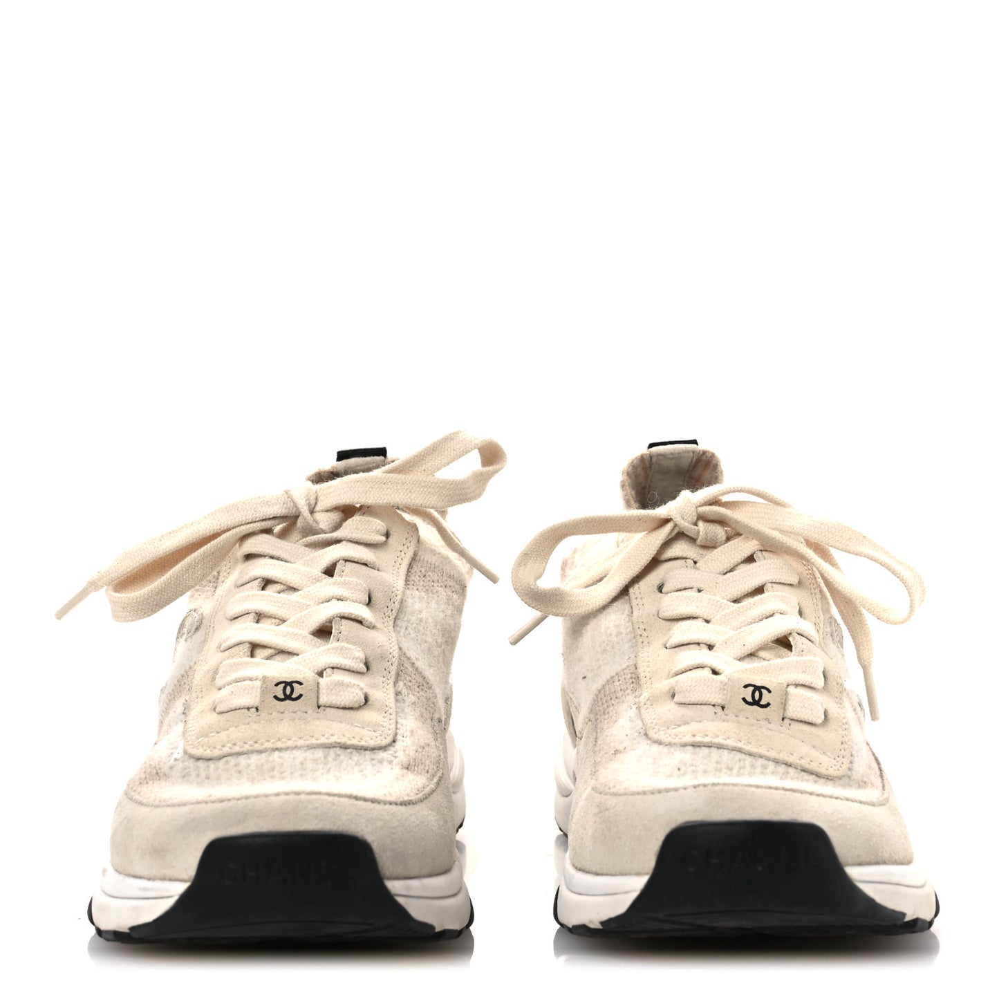 Knit Fabric Suede Calfskin Womens CC Sneakers 38.5 Ivory