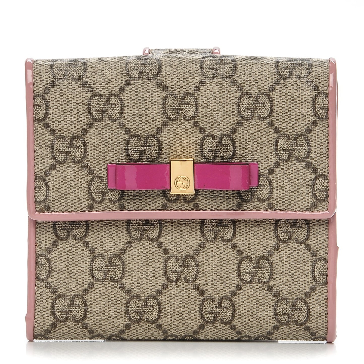 GG Supreme Monogram Bow French Flap Wallet Beige Carmine Rose New Rosette