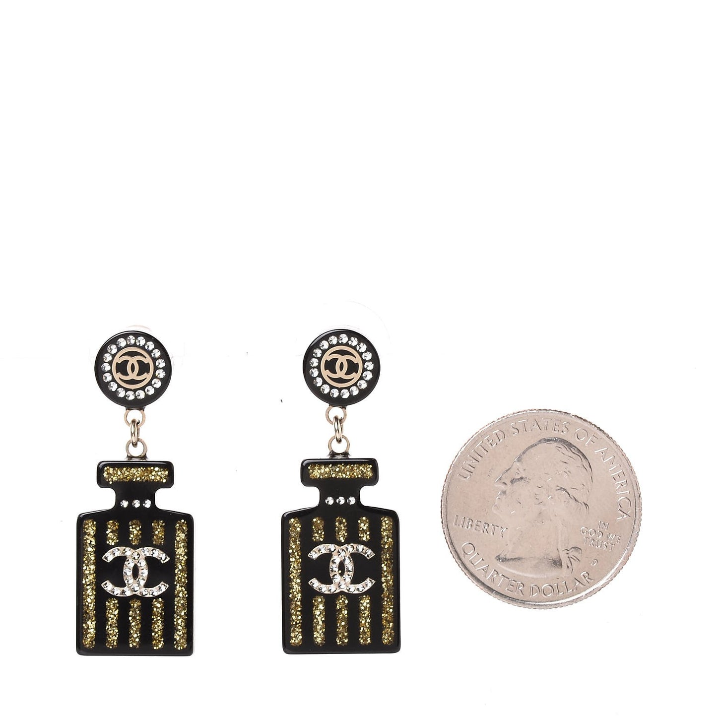 Resin Strass Perfume Bottle CC Earrings Black Gold