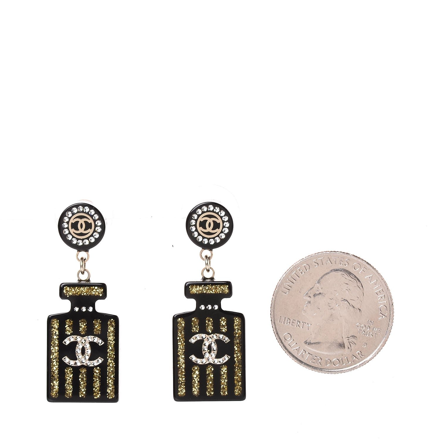 Chanel Resin Strass Perfume Bottle CC Earrings Black Gold 2 of 5