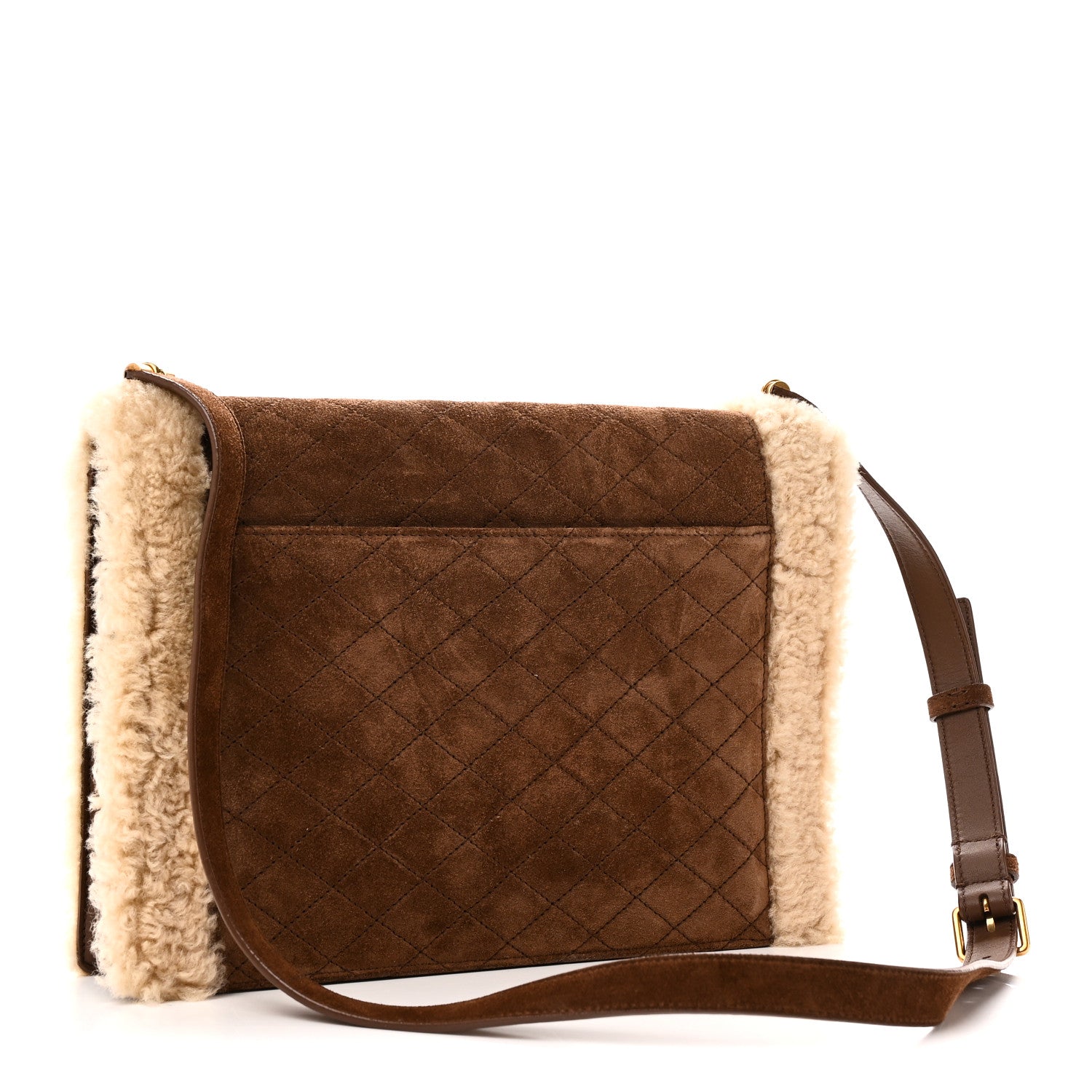 Saint Laurent Nubuck Shearling Quilted Medium Gaby Satchel Natural Tan 3 of 9