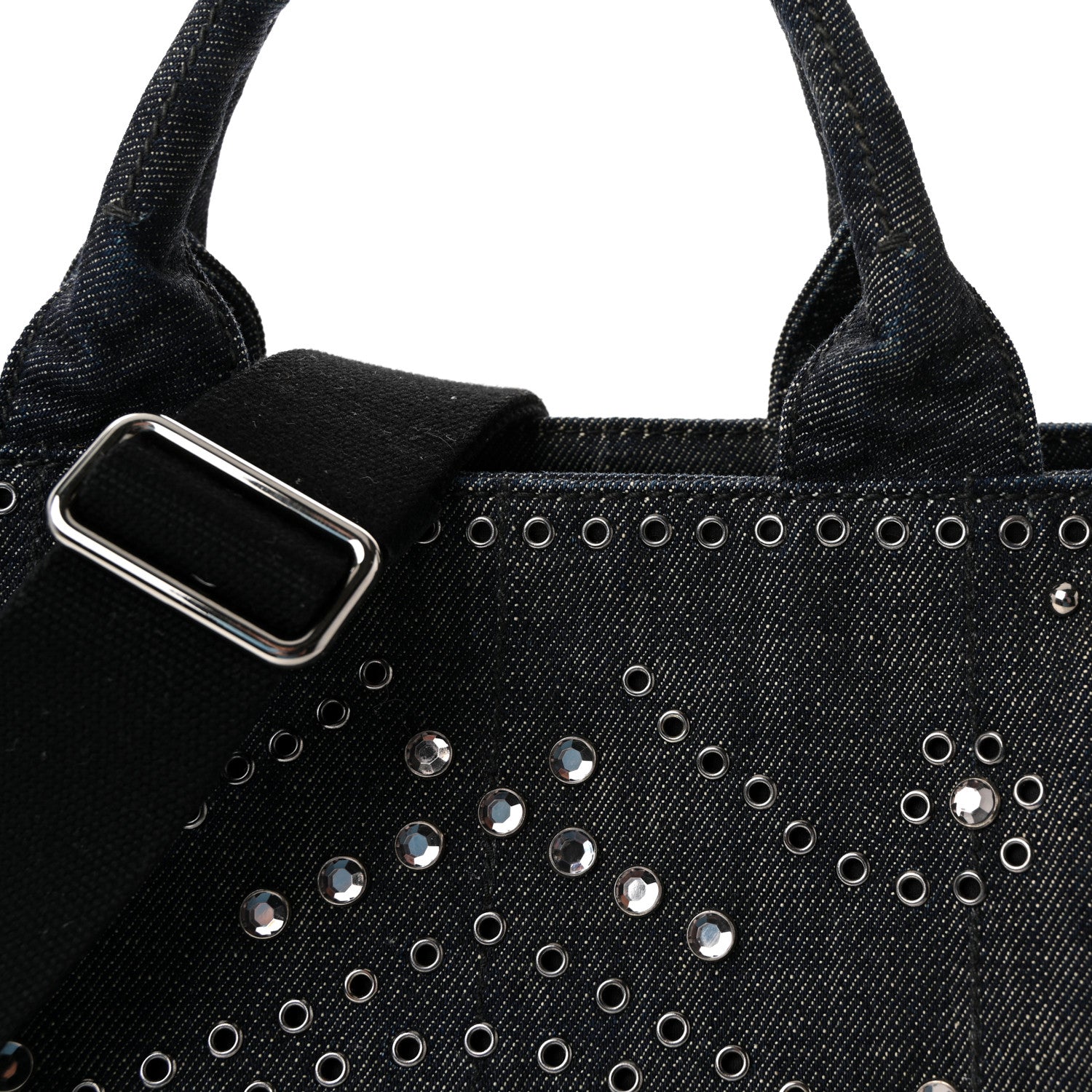 Prada Canapa Denim Crystal Rivet Studded Tote Avio 1809091