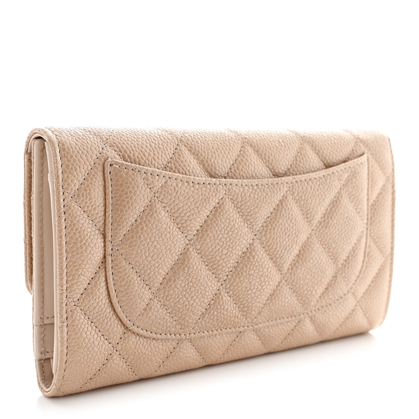 Pearly Caviar Quilted Large Gusset Flap Wallet Dark Beige