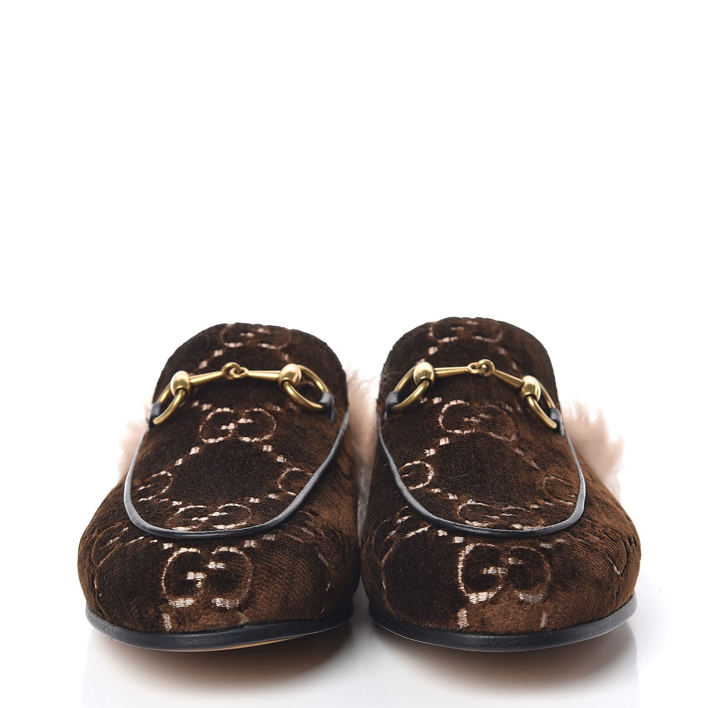 Velvet GG Monogram Fur Womens Princetown Slippers 35.5 Brown Black Natural