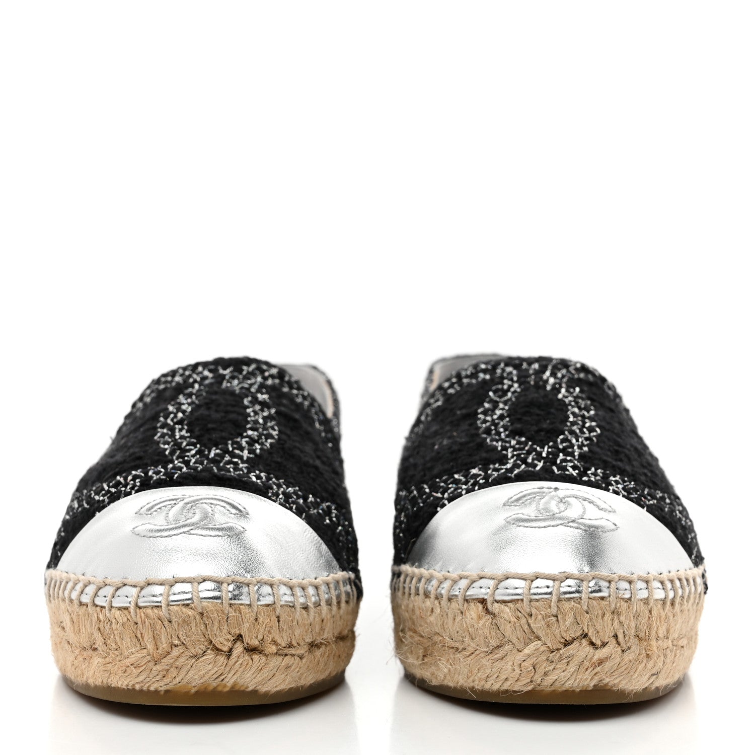 Chanel Metallic Tweed Lambskin CC Espadrilles 36 Black Silver
