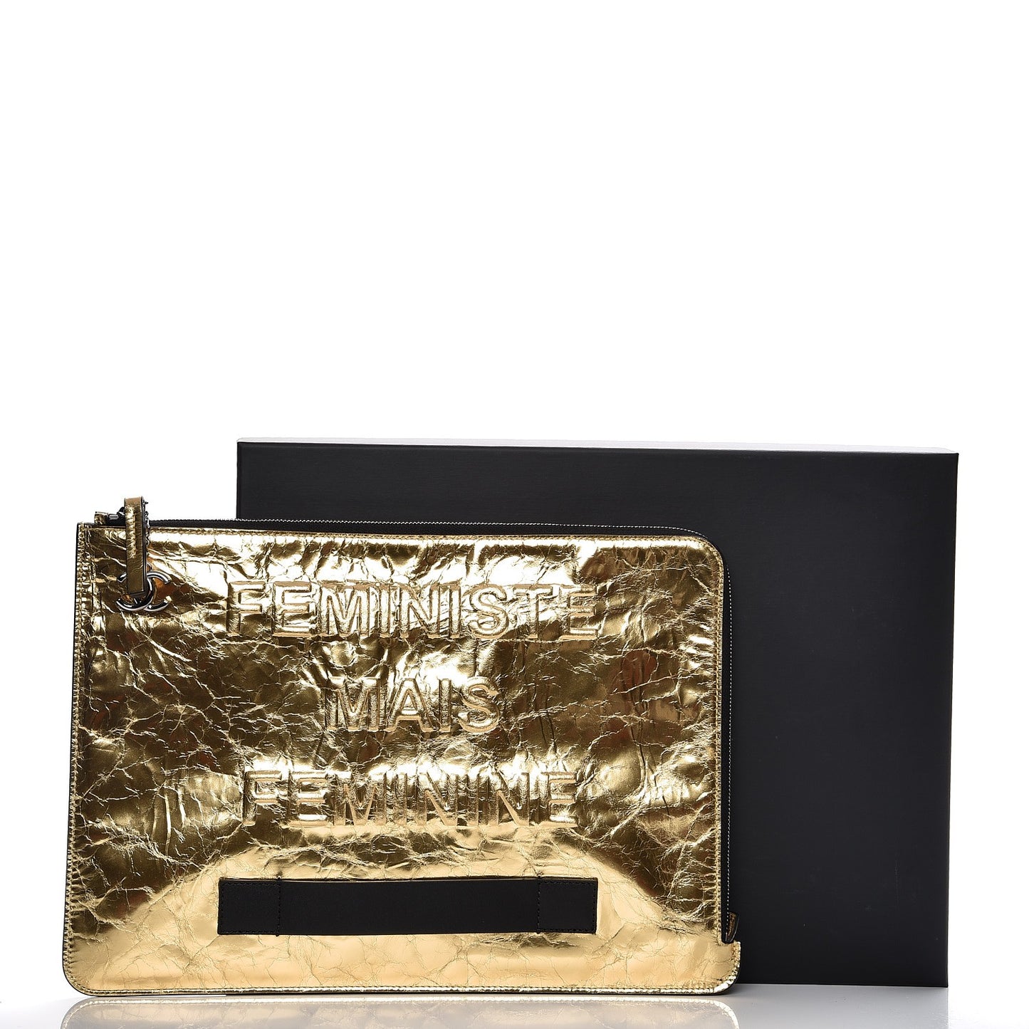 Metallic Lambskin Large Feministe Maize Feminine Pouch Clutch Gold