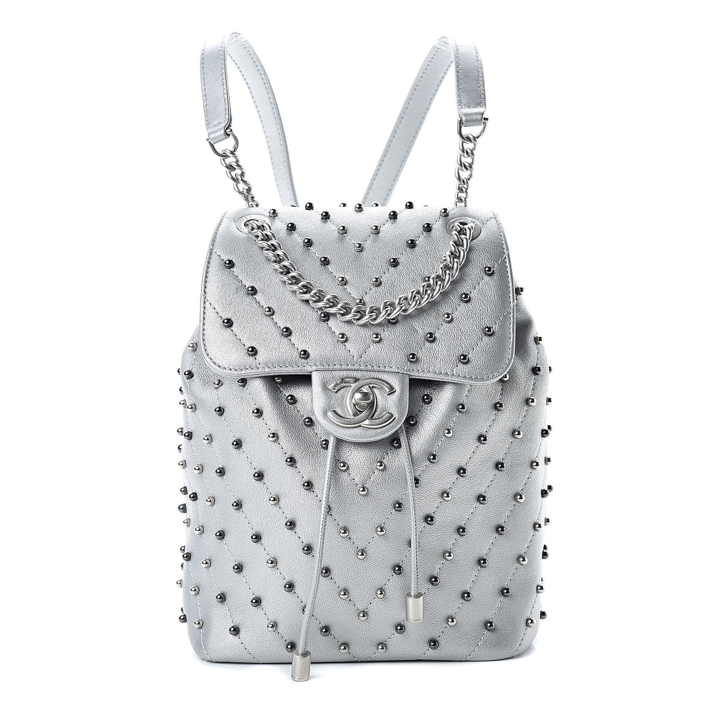 Metallic Lambskin Chevron Quilted Studded Stud Wars Backpack Silver