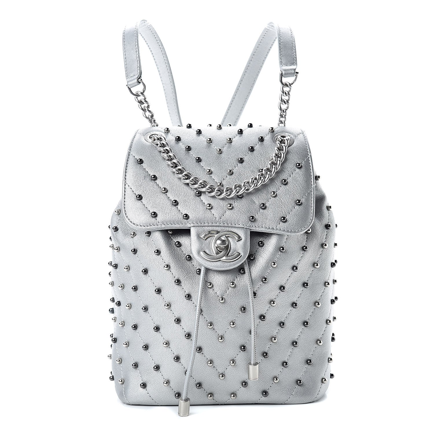 Chanel Metallic Lambskin Chevron Quilted Studded Stud Wars Backpack Silver 1 of 11