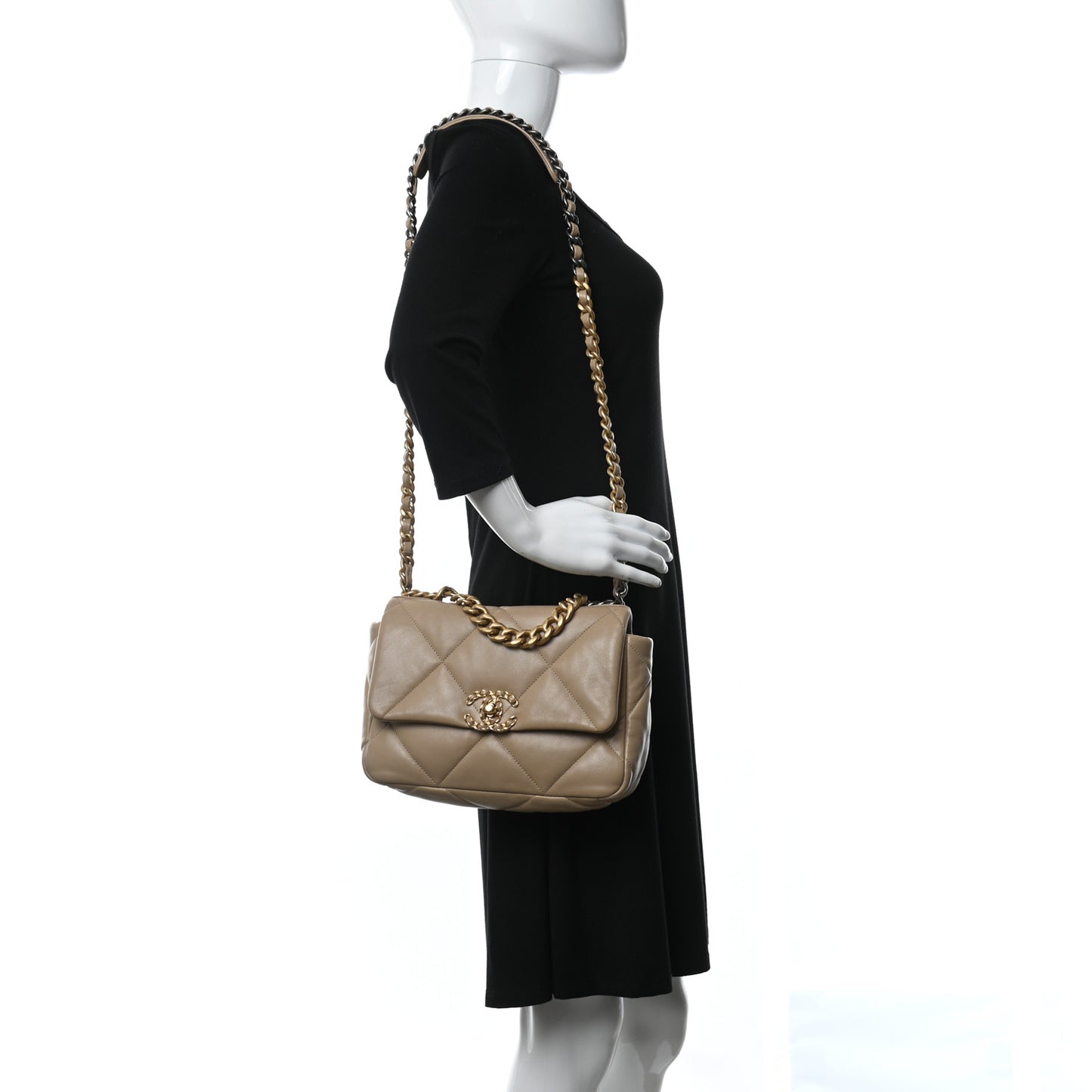 Lambskin Quilted Medium Chanel 19 Flap Dark Beige