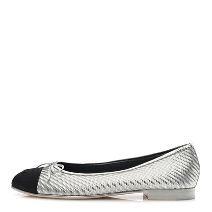 Chanel Metallic PVC Grosgrain Cap Toe Ballerina Flats 40 Silver Black 1 of 8