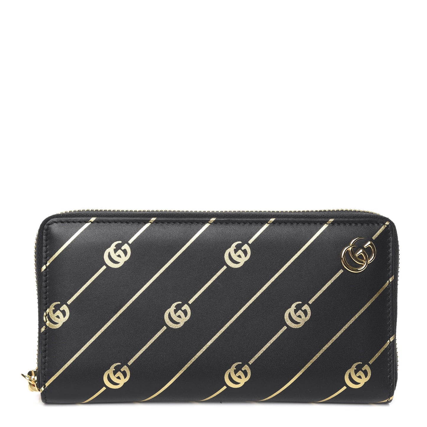 Moon Calfskin Diagonal GG Zip Around Wallet Black Gold