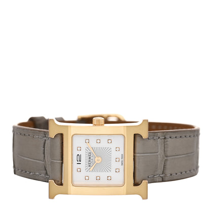 Hermes Stainless Steel Alligator Diamond Mother of Pearl 21mm Heure H Hour Quartz Watch Gris Perle 2 of 5