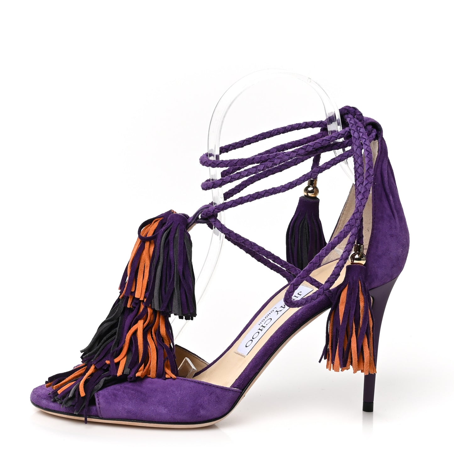 Suede Mindy Fringe Ankle Wrap Sandals 37 Purple