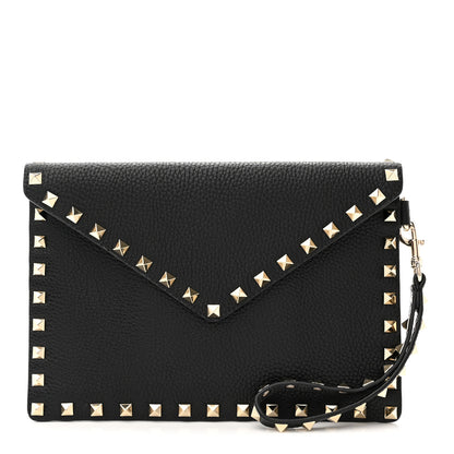 Valentino Garavani Pebbled Calfskin Medium Rockstud Envelope Flat Wristlet Pouch Black 1 of 8