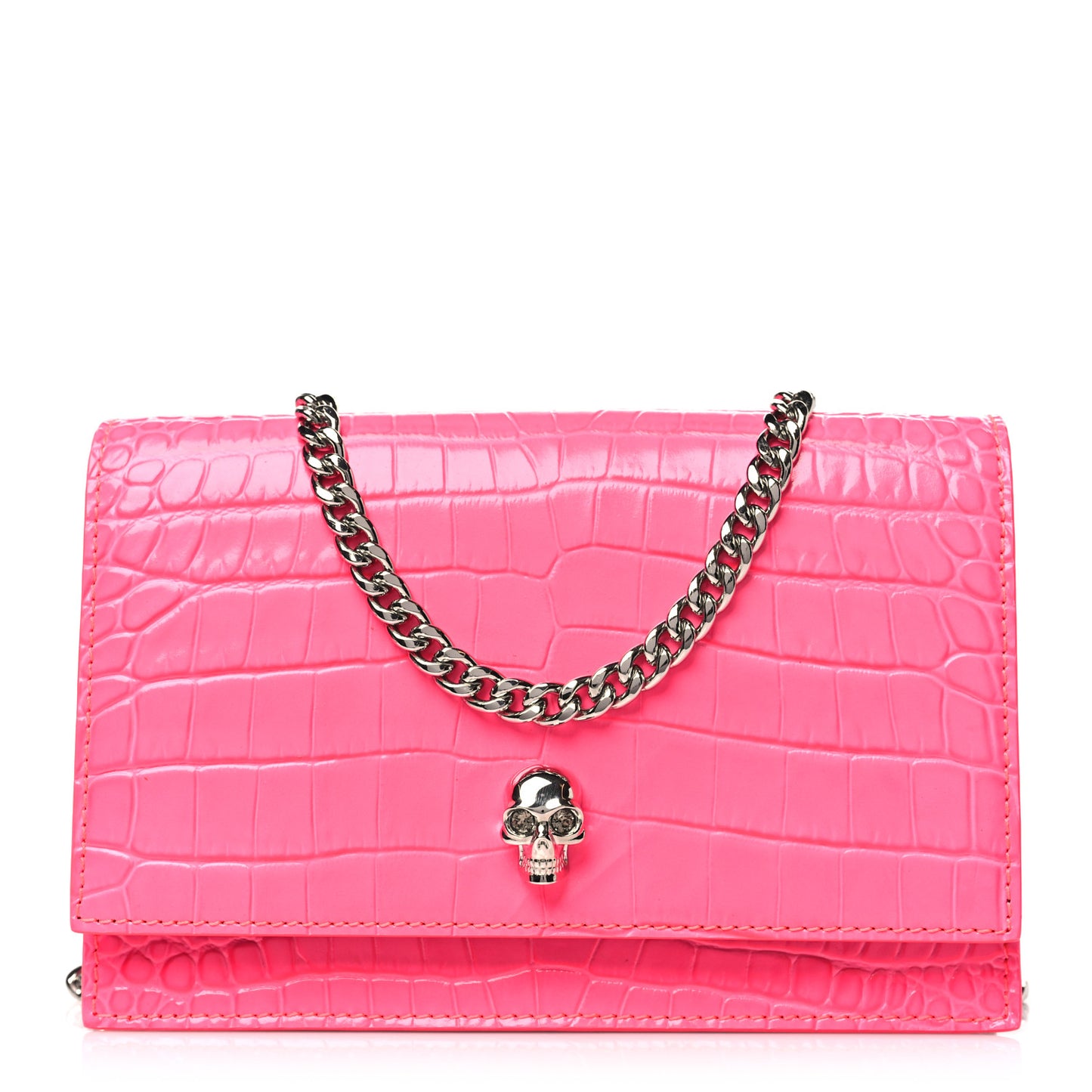Calfskin Crocodile Embossed Skull Mini Crossbody Bag Neon Pink