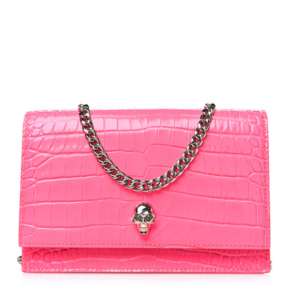 Alexander McQueen Calfskin Crocodile Embossed Skull Mini Crossbody Bag Neon Pink 1 of 10