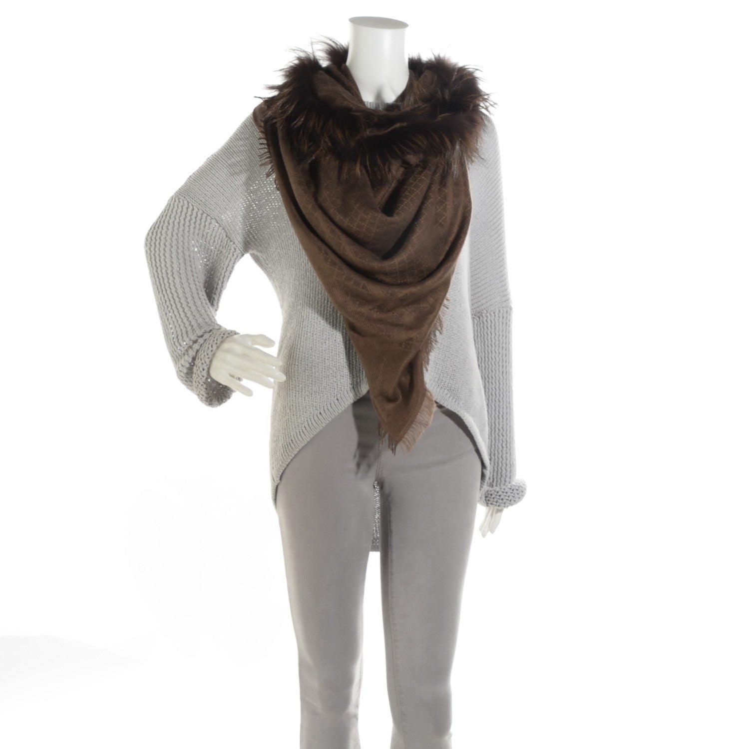 Gucci Wool Silk Fox Fur Diamante Shawl Scarf Brown 2 of 6