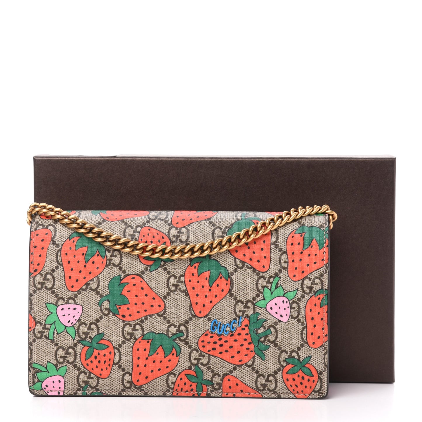 GG Supreme Monogram Strawberry Chain Wallet