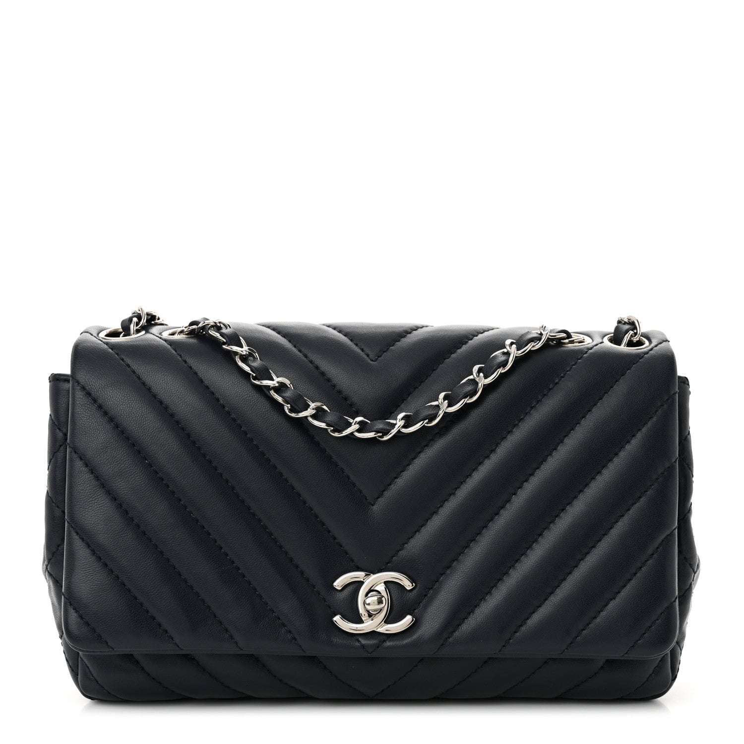 Chanel Lambskin Chevron Quilted Single Flap Navy Blue 1 of 12