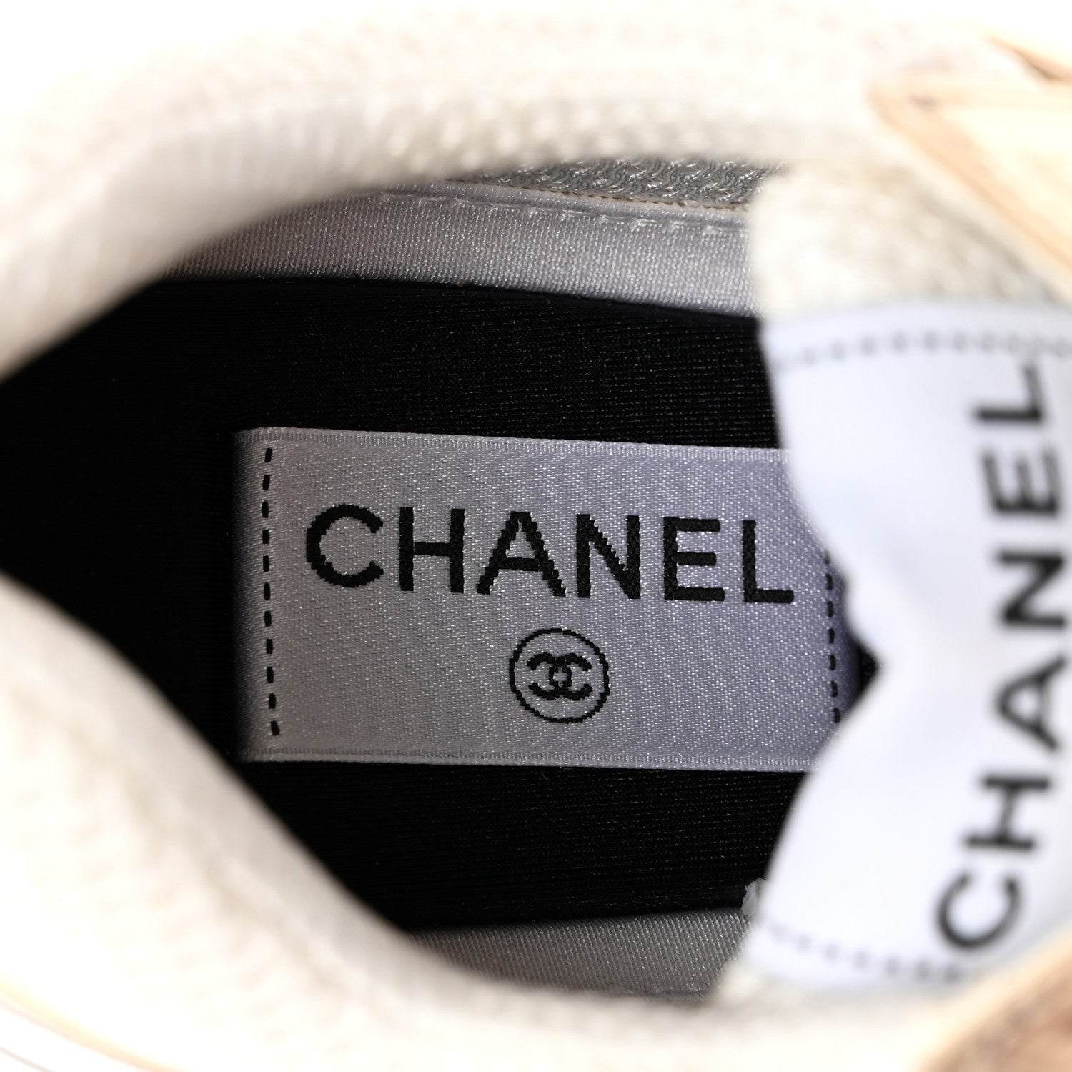 Chanel Fabric Laminated Calfskin Stretch CC Womens Sneakers 38 White Gold Silver 8 of 15