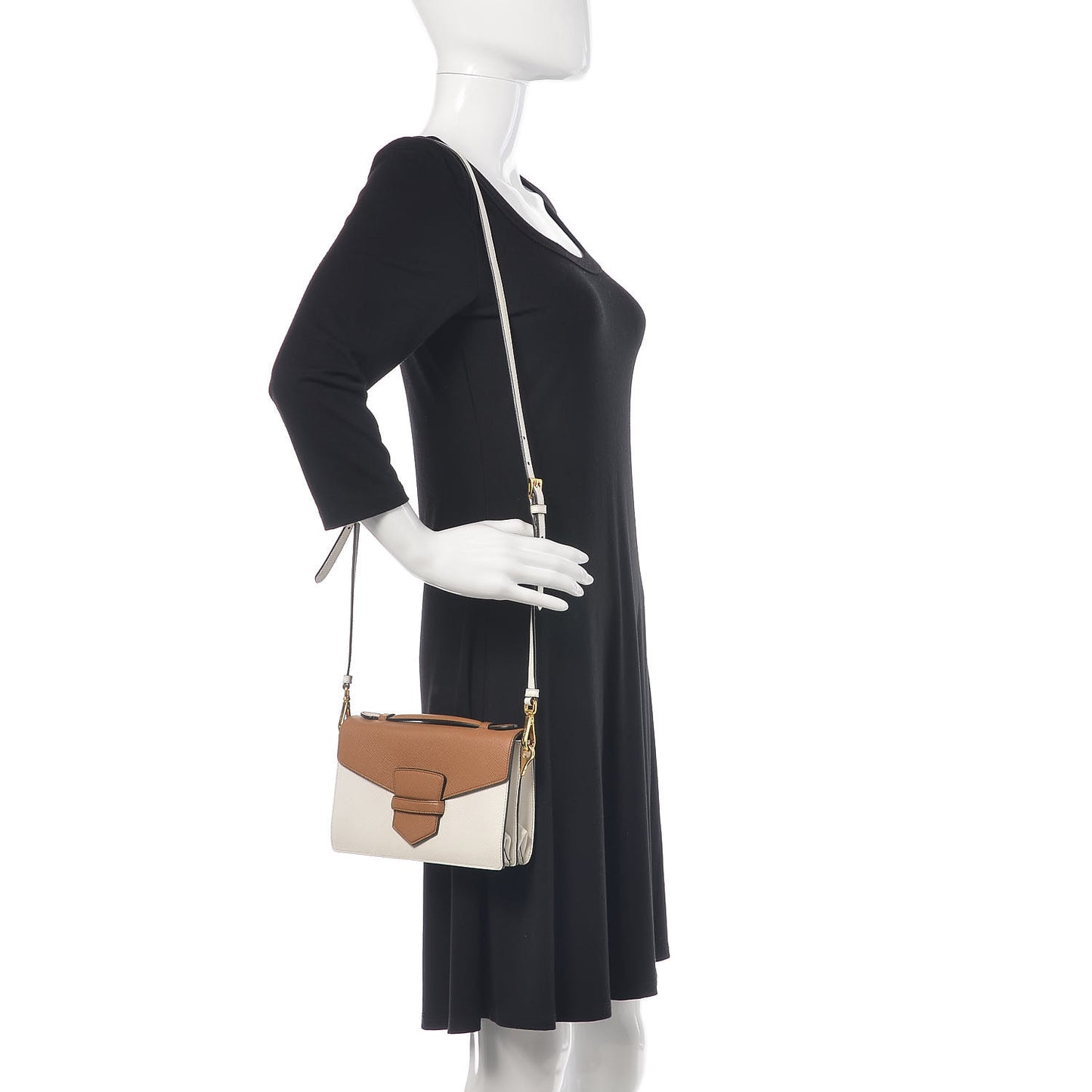 Saffiano Cuir Bi-color Crossbody Wallet Bianco Caramel