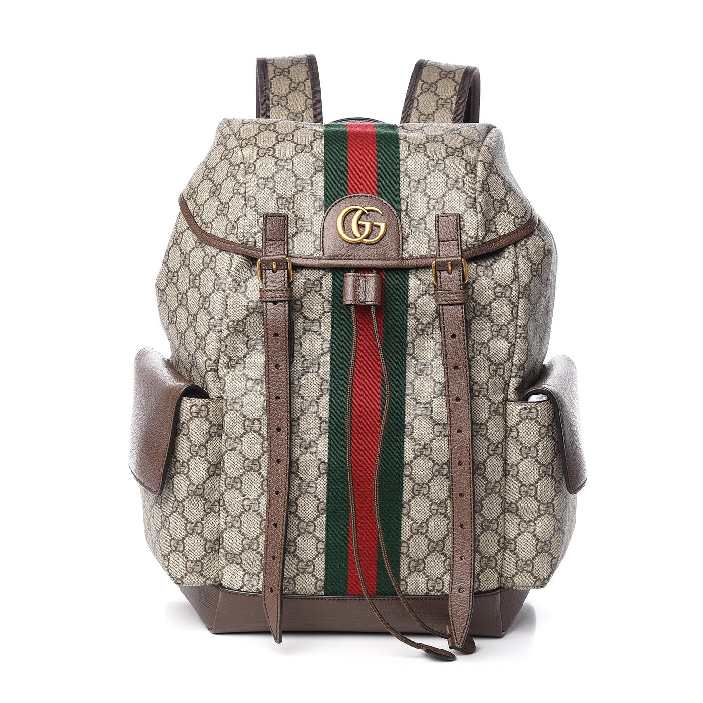 GG Supreme Monogram Medium Ophidia Double Buckle Backpack Brown