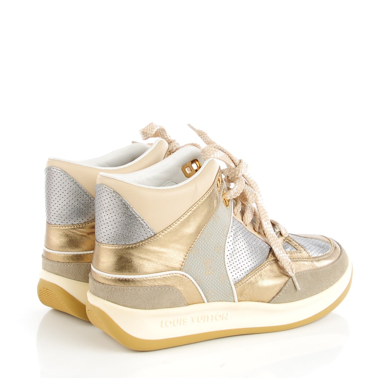 Metallic Calfskin Perforated High Top Sneakers 37.5 Gold Silver