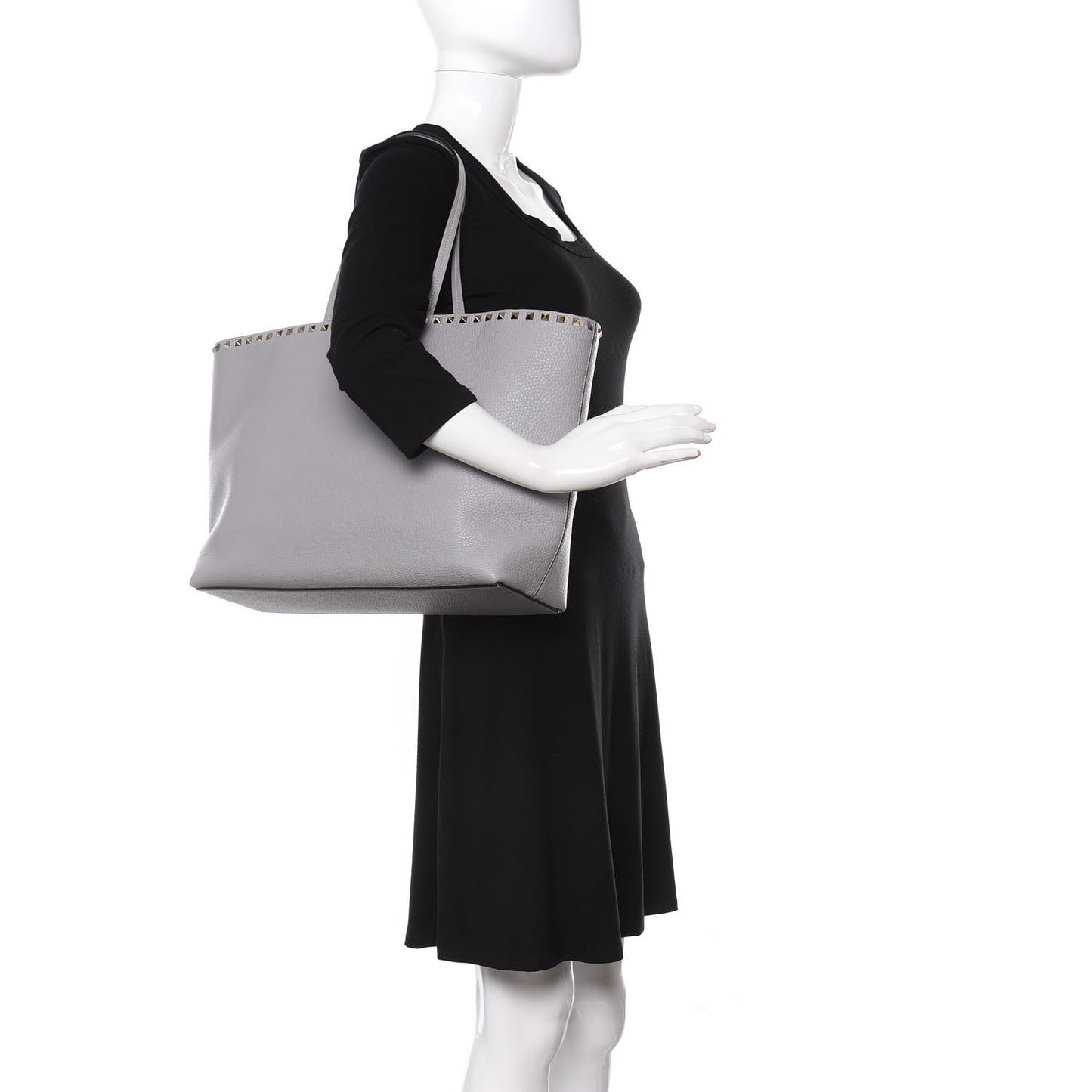 Grained Calfskin Rockstud Shoulder Tote Pastel Grey