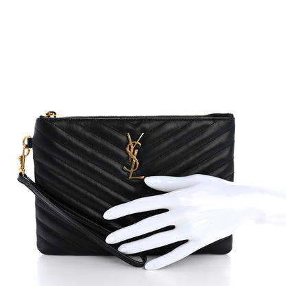 Saint Laurent Calfskin Matelasse Chevron Monogram A5 Wristlet Black 2 of 11