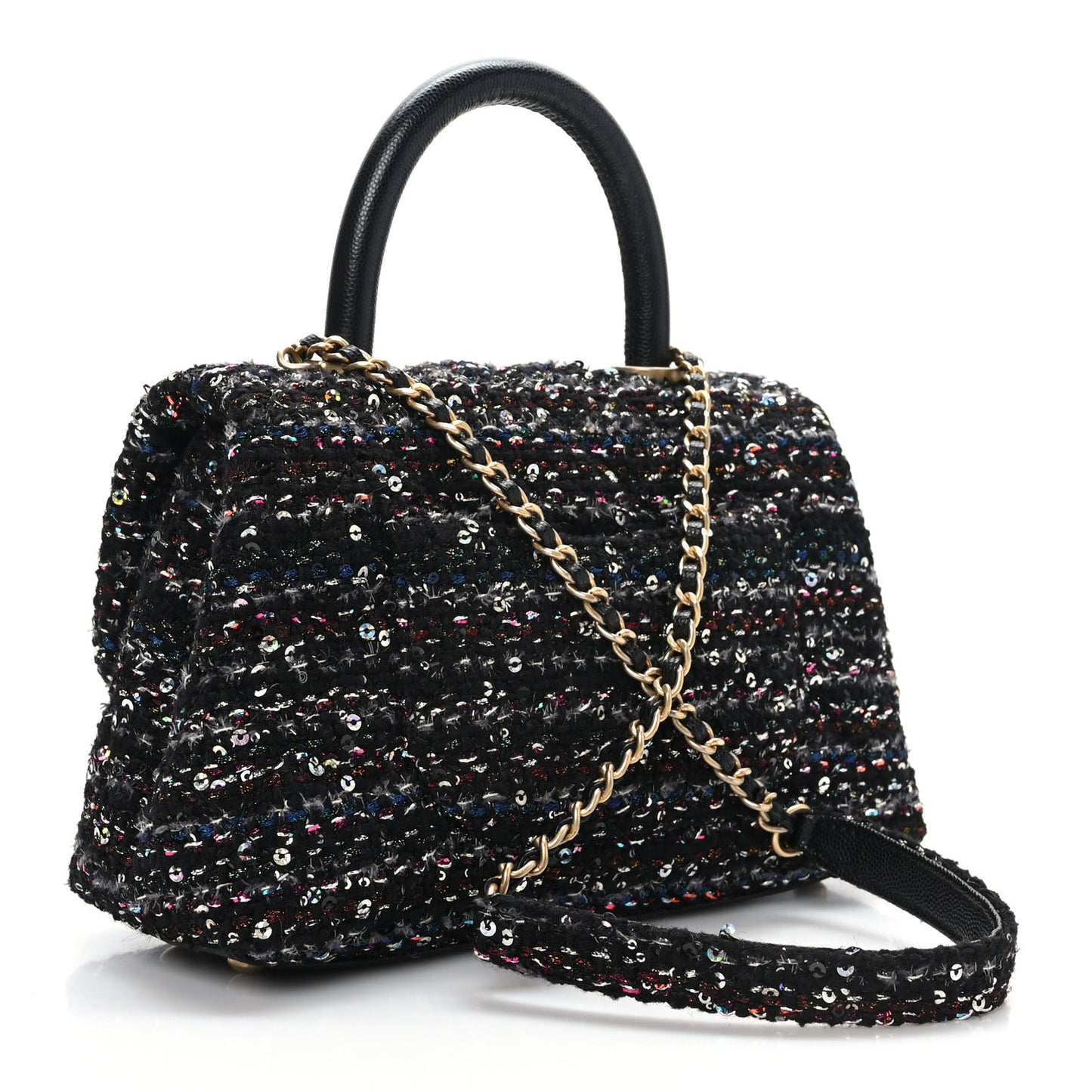 Tweed Sequin Mini Coco Handle Flap Black