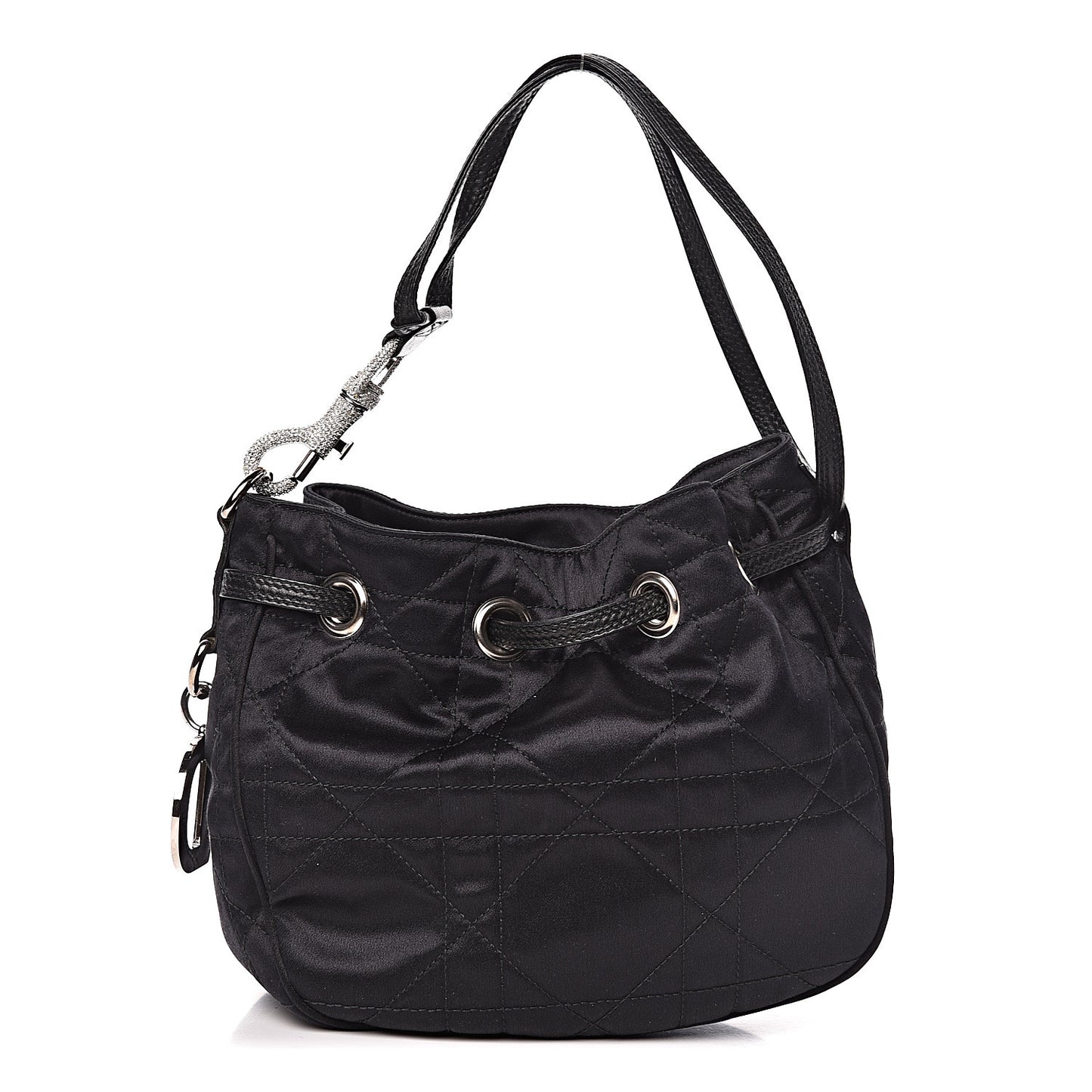 Satin Crystal Cannage Drawstring Bag Black