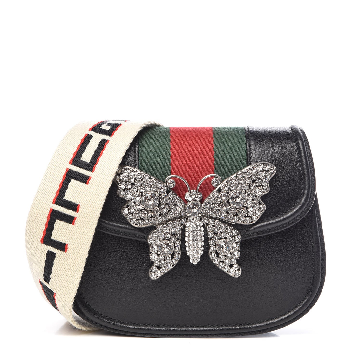 Calfskin Web Crystal Butterfly Stripe Small Totem Shoulder Bag Black