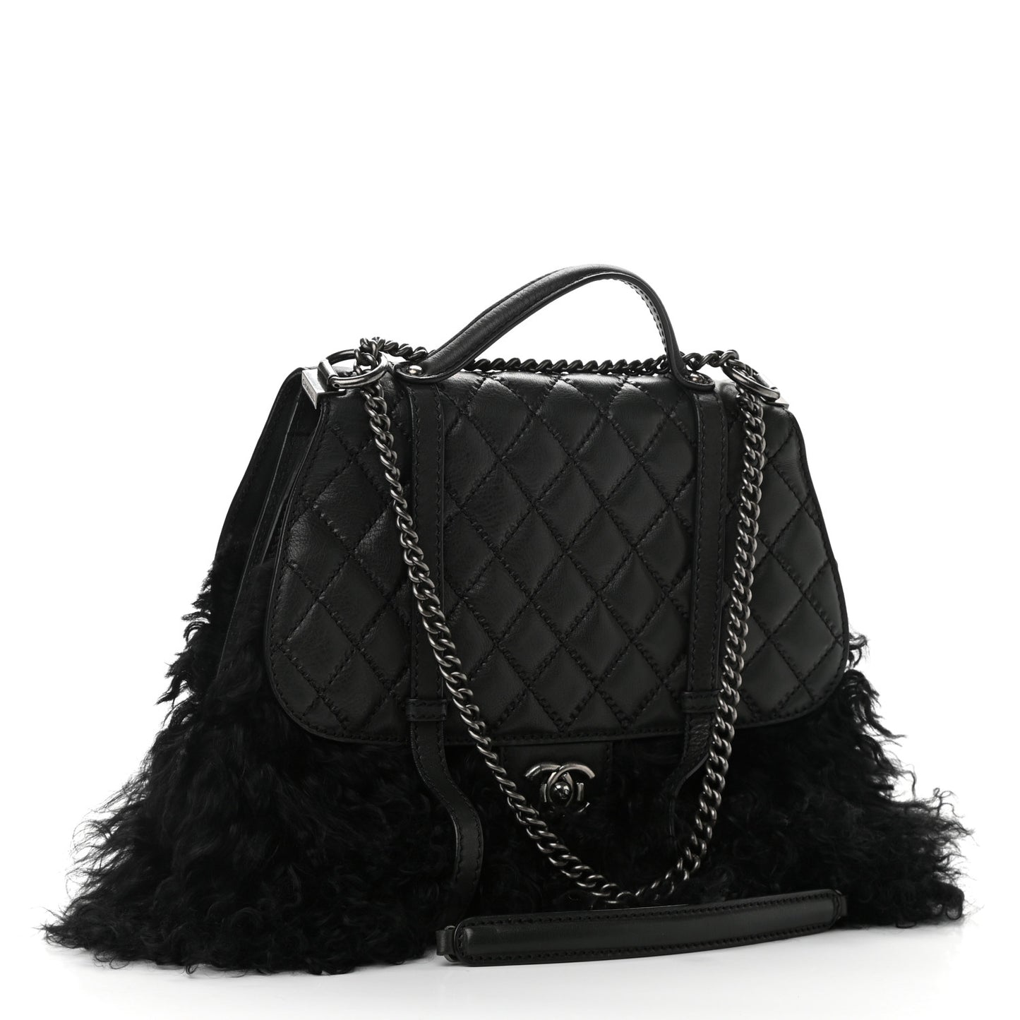 Lambskin Quilted Fur Paris Dallas Double Flap Bag Black