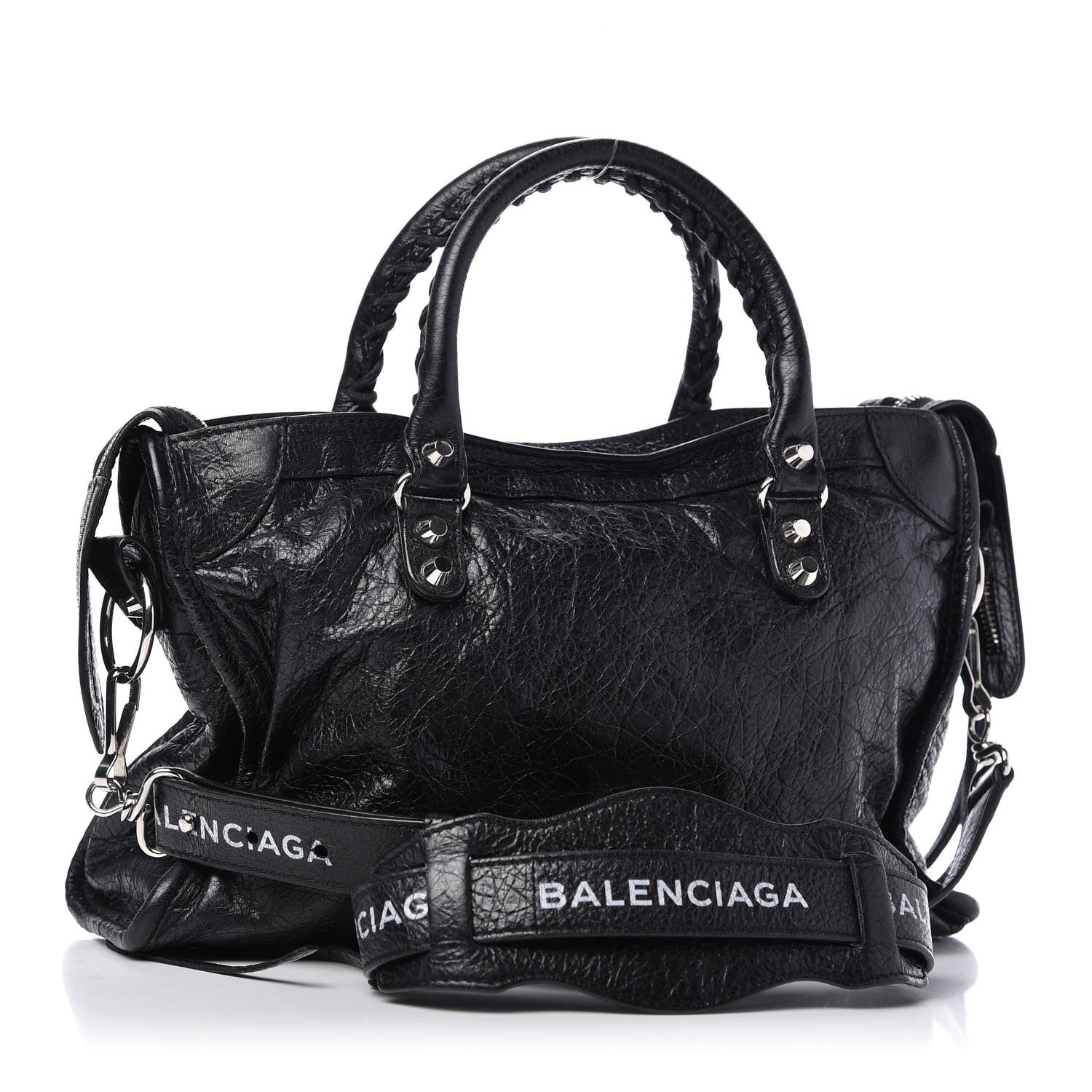 Balenciaga Agneau Classic Silver Hardware S City Logo Strap Black White 3 of 9