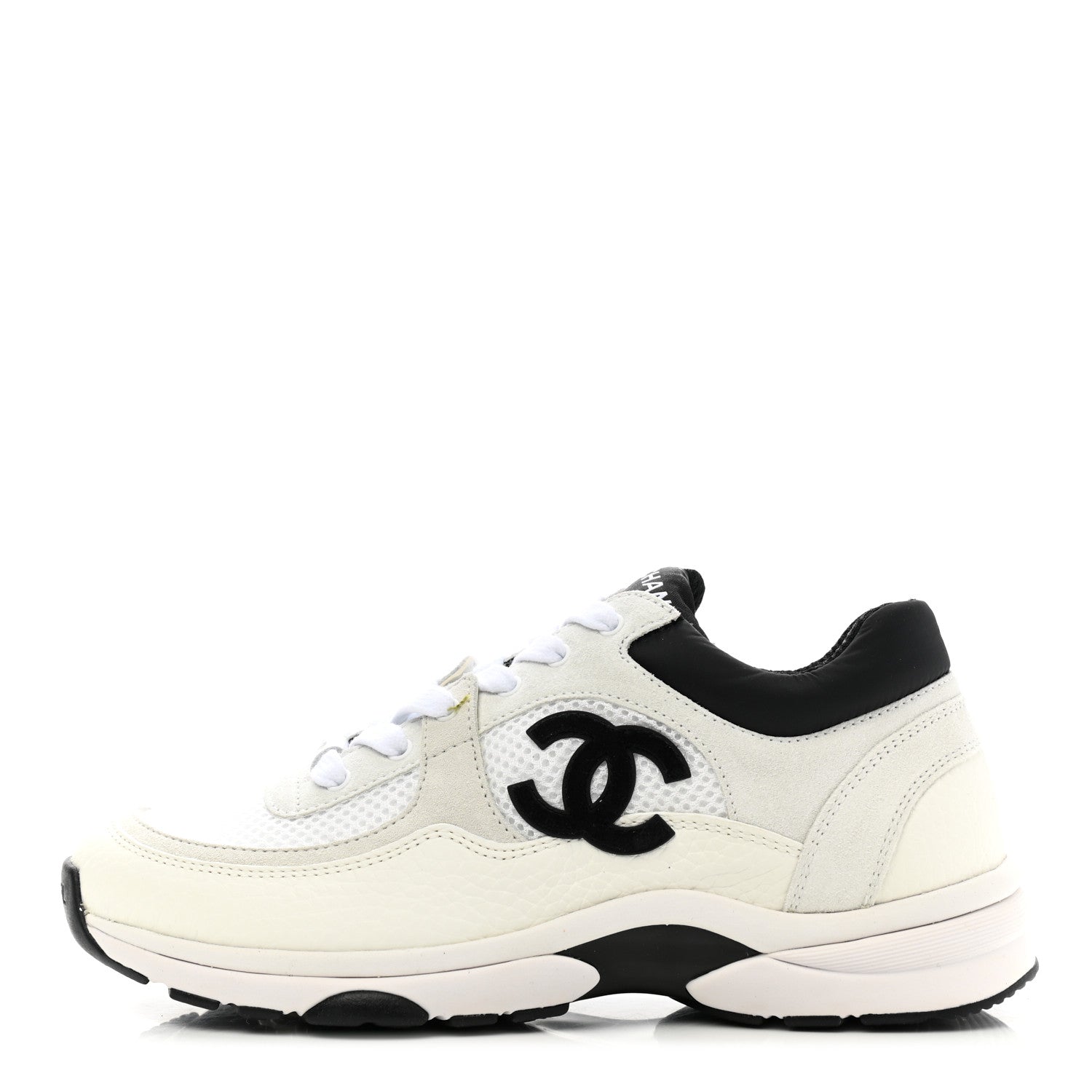 Chanel Mesh Suede Calfskin Grained Calfskin Womens CC Sneakers 36.5 White Black 1 of 8