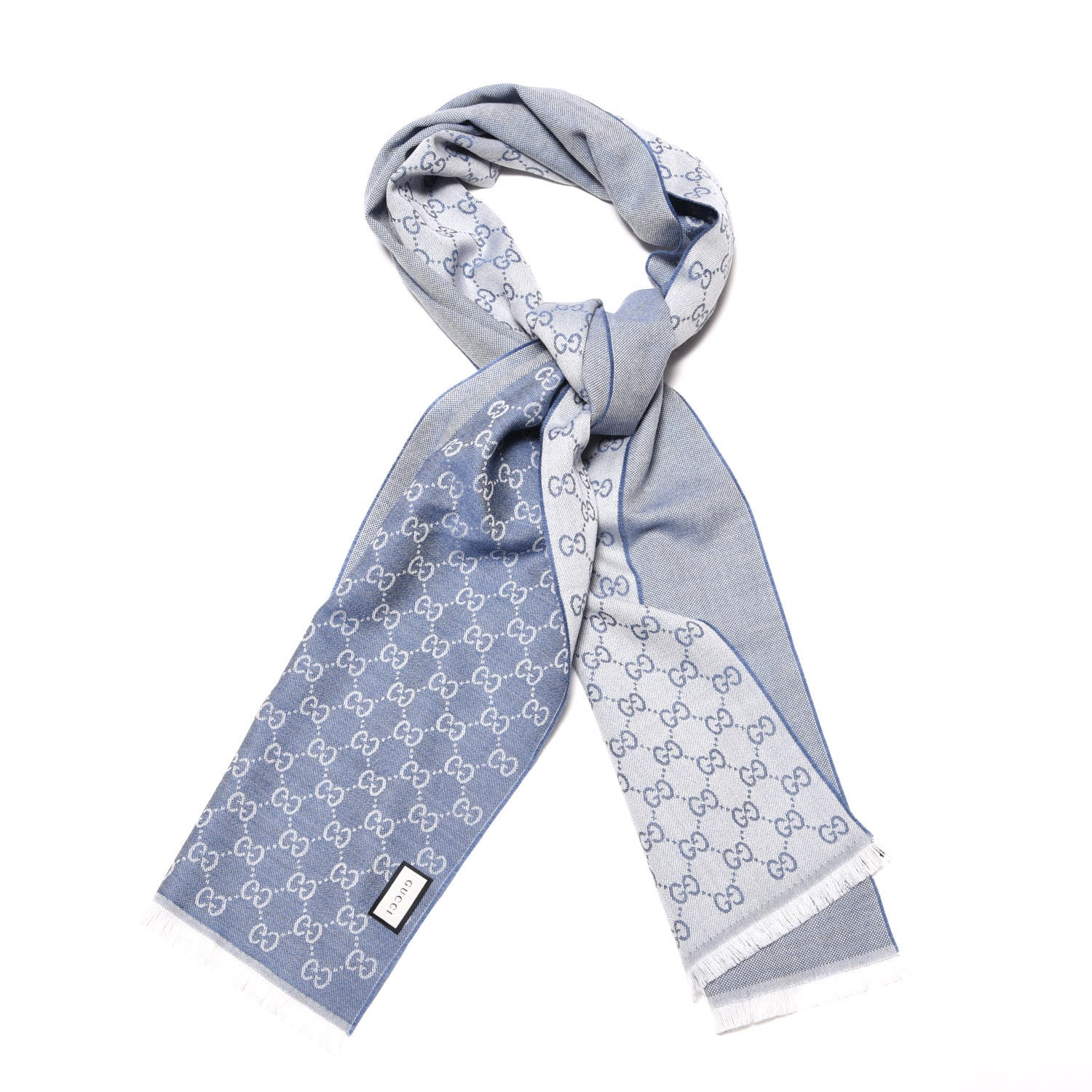 Gucci Wool Jacquard Monogram Fringe Scarf Light Blue 1 of 4