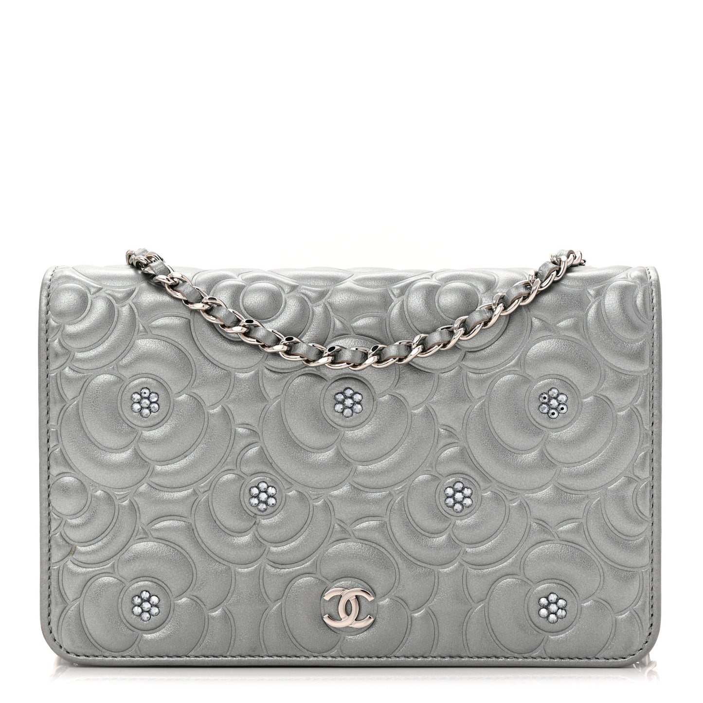 Metallic Lambskin Crystal Camellia Embossed Wallet On Chain WOC Silver