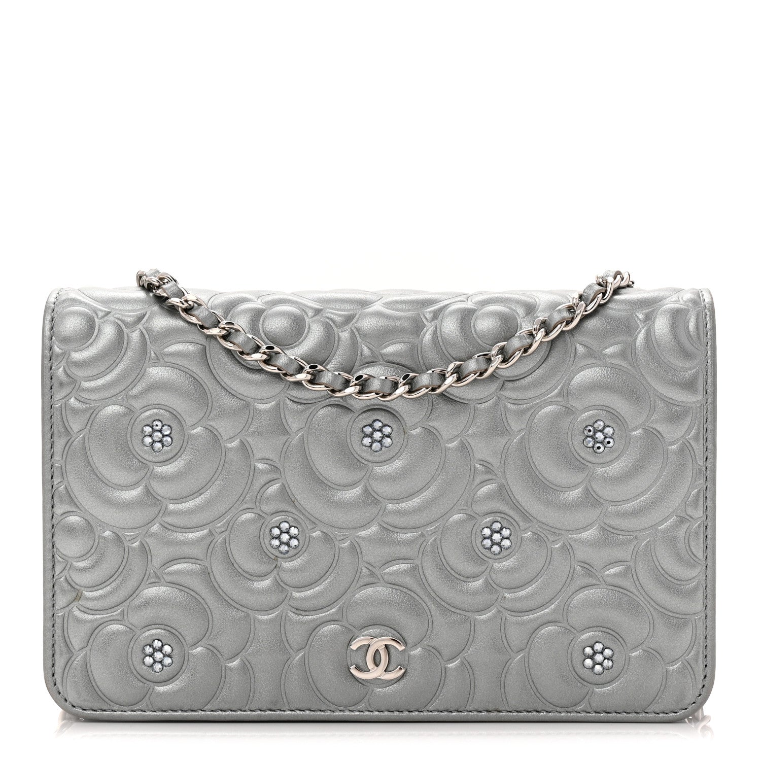 Chanel Metallic Lambskin Crystal Camellia Embossed Wallet On Chain WOC Silver 1 of 12