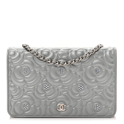 Chanel Metallic Lambskin Crystal Camellia Embossed Wallet On Chain WOC Silver 1 of 12