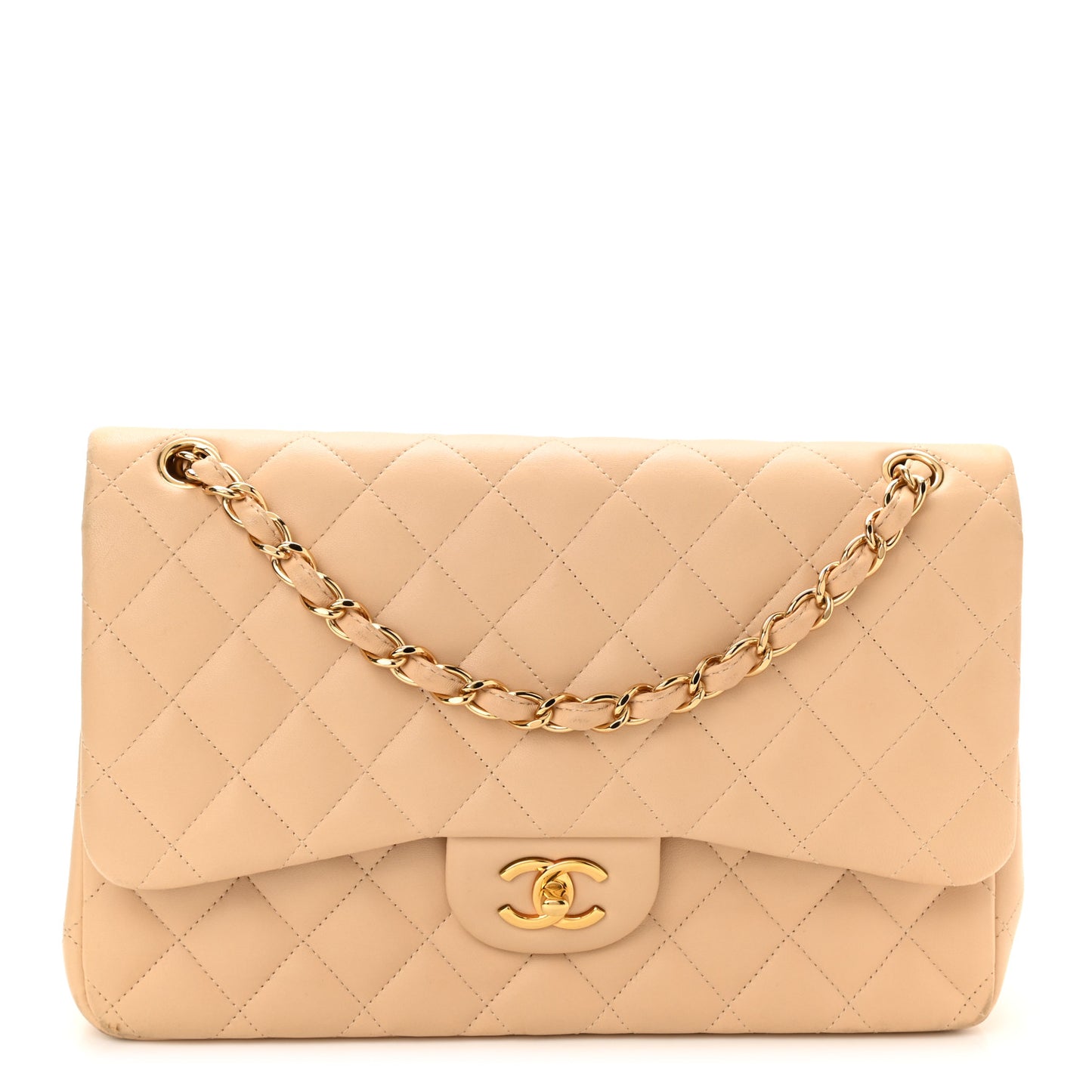 Lambskin Quilted Jumbo Double Flap Beige