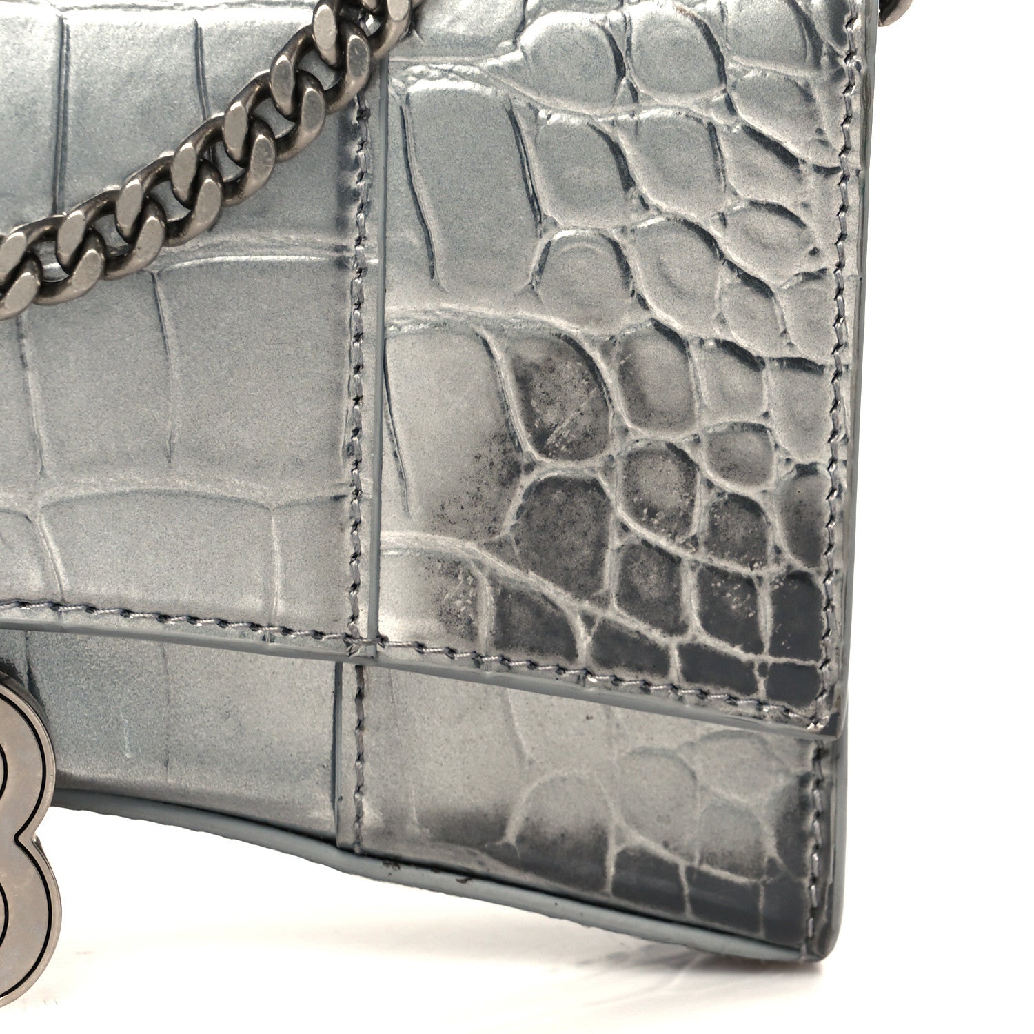 Balenciaga Metallic Calfskin Crocodile Embossed Hourglass Chain Bag Silver 12 of 12