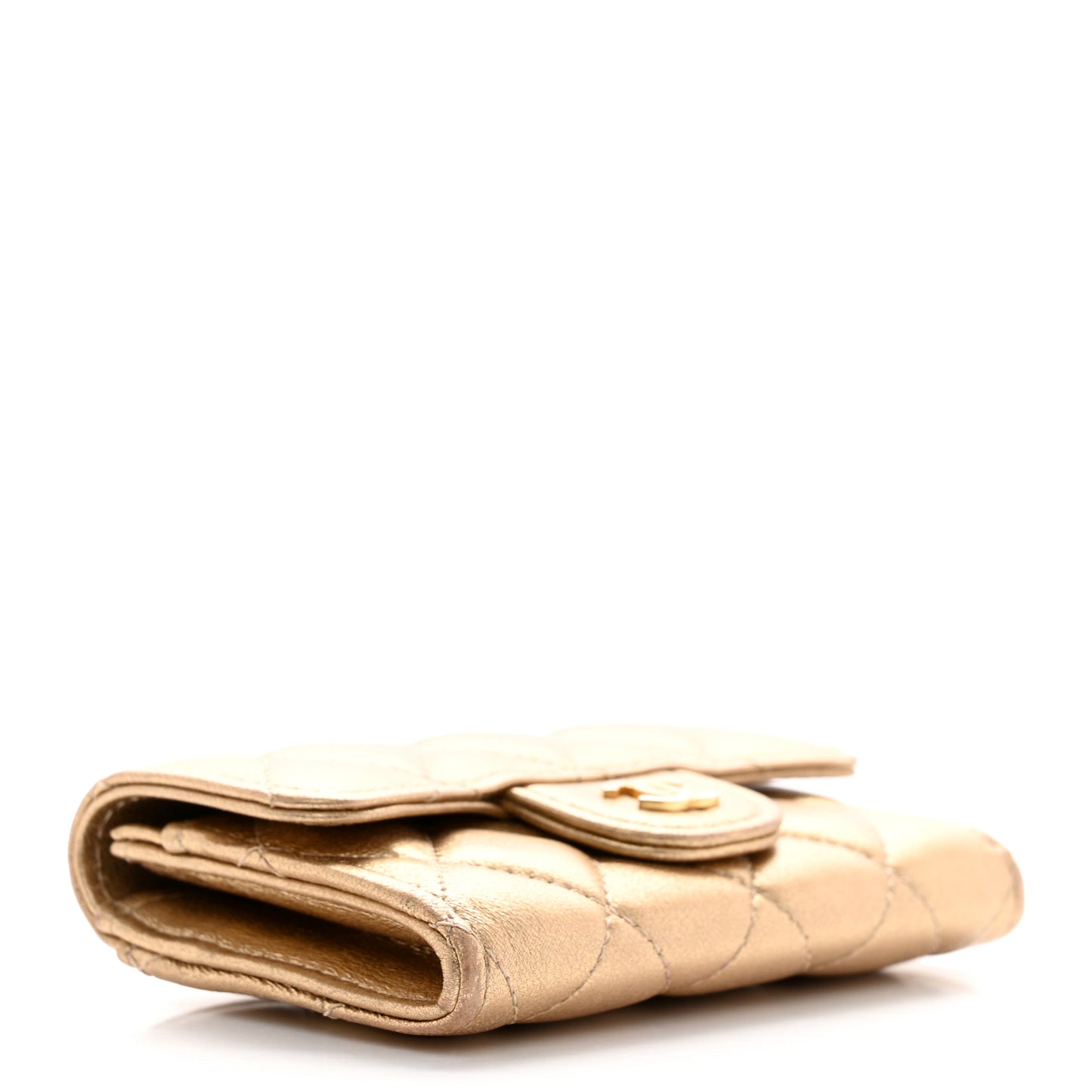 Metallic Lambskin Quilted Flap Card Holder Wallet Gold