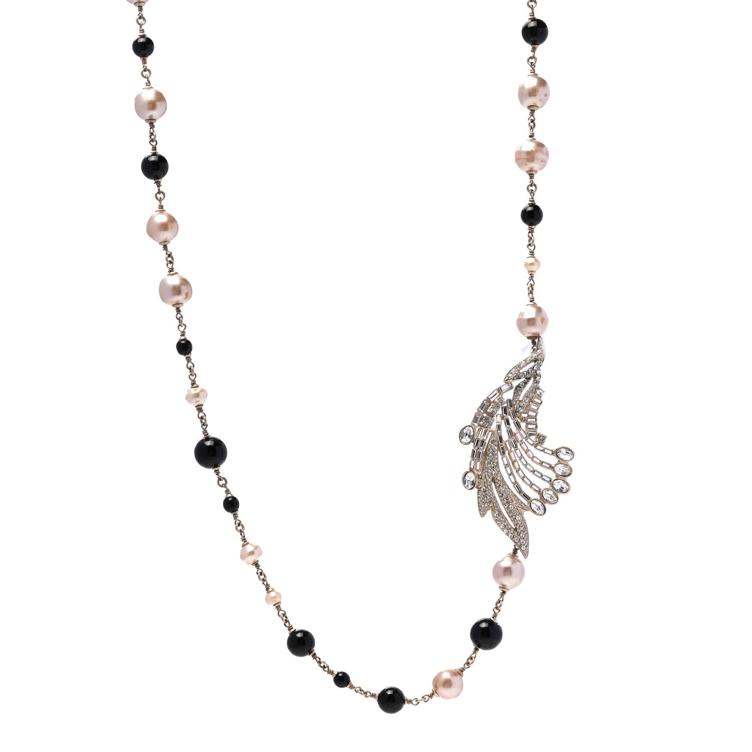 Chanel Pearl Crystal Baguette Beaded Wing Long Necklace Black Gold 1 of 5