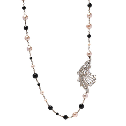 Chanel Pearl Crystal Baguette Beaded Wing Long Necklace Black Gold 1 of 5