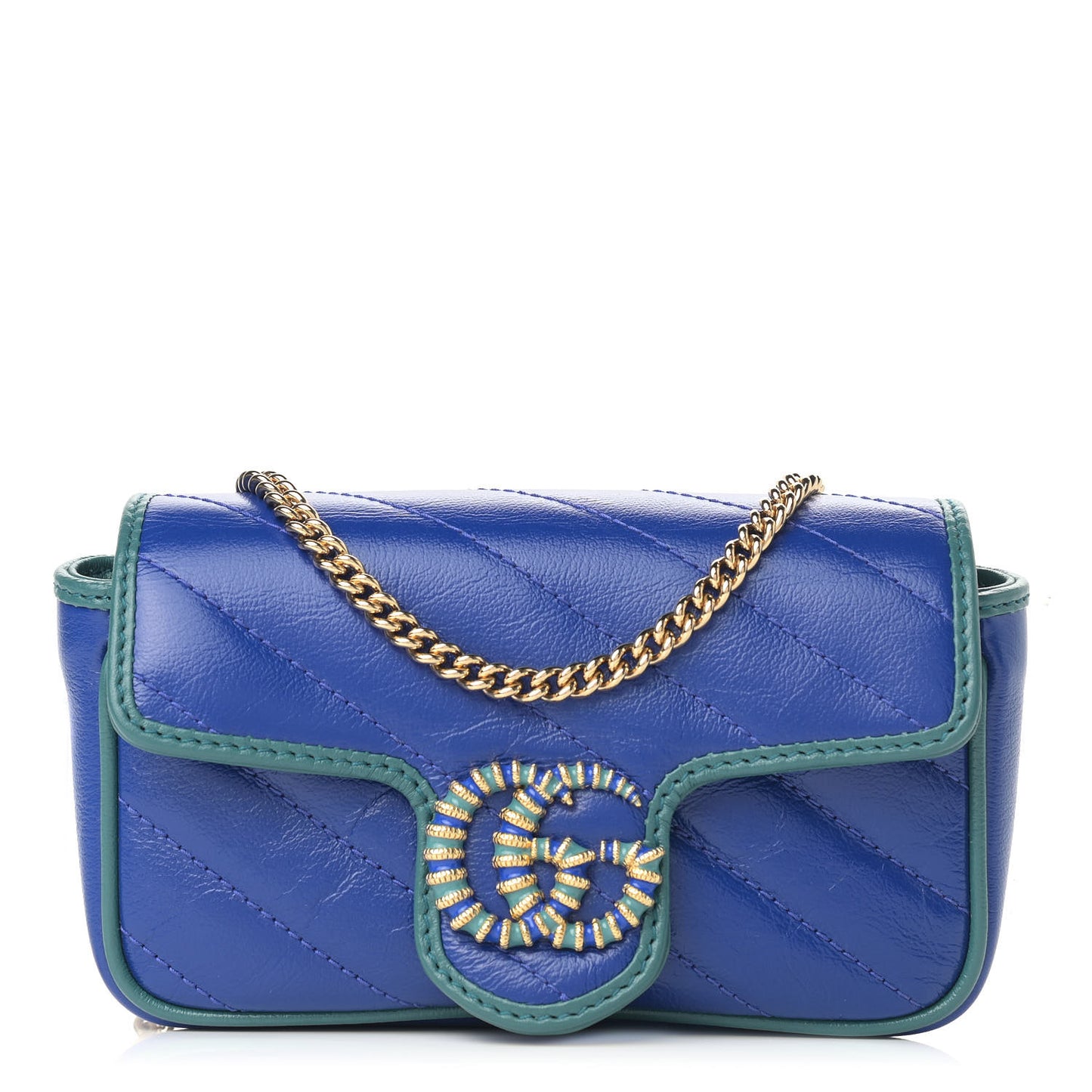 Azalea Calfskin Enamel Matelasse Diagonal Super Mini Torchon GG Marmont Shoulder Bag Imperial Blue Pavone