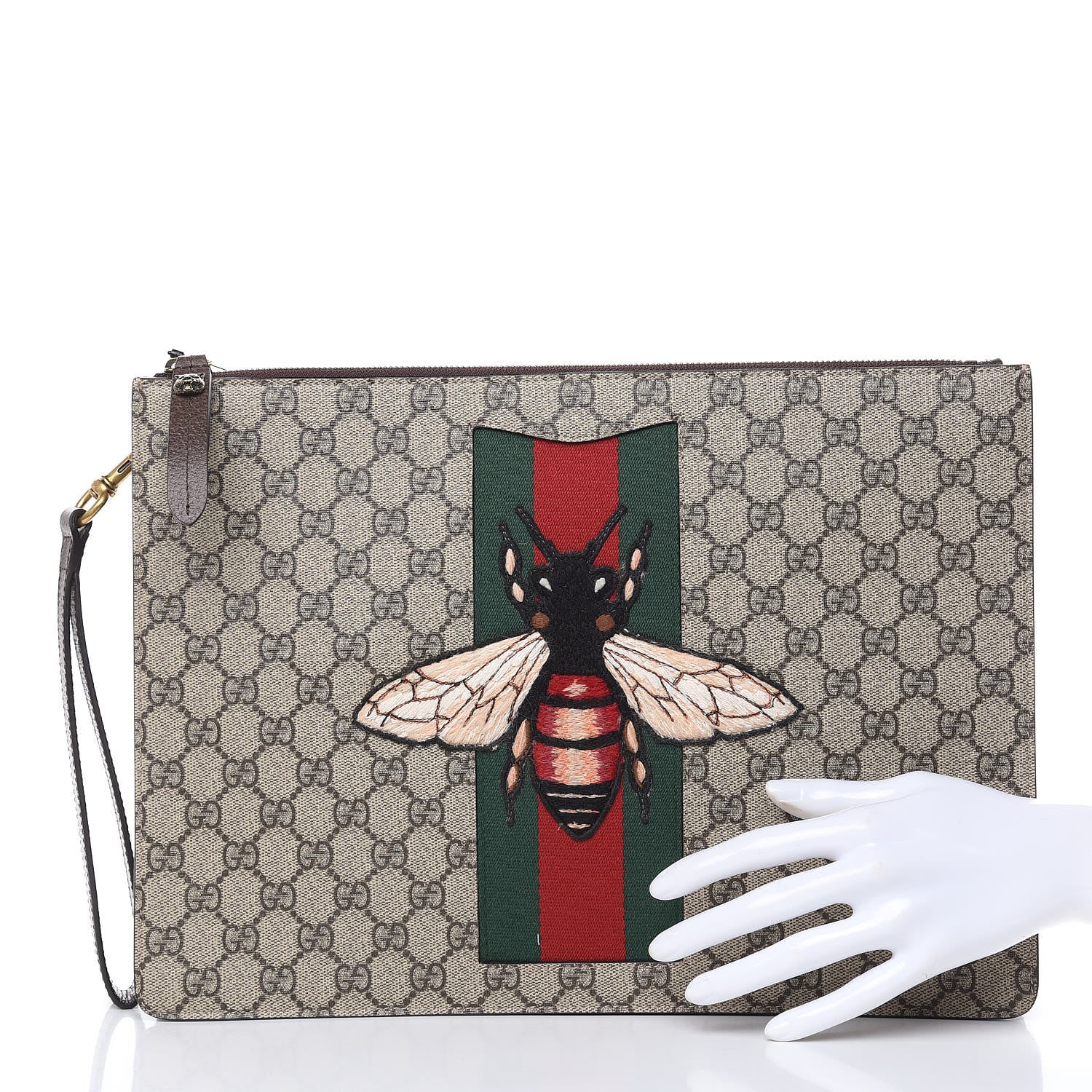 Gucci GG Supreme Monogram Web Animalier Bee Embroidered Medium Documents Holder Beige New Acero 2 of 8